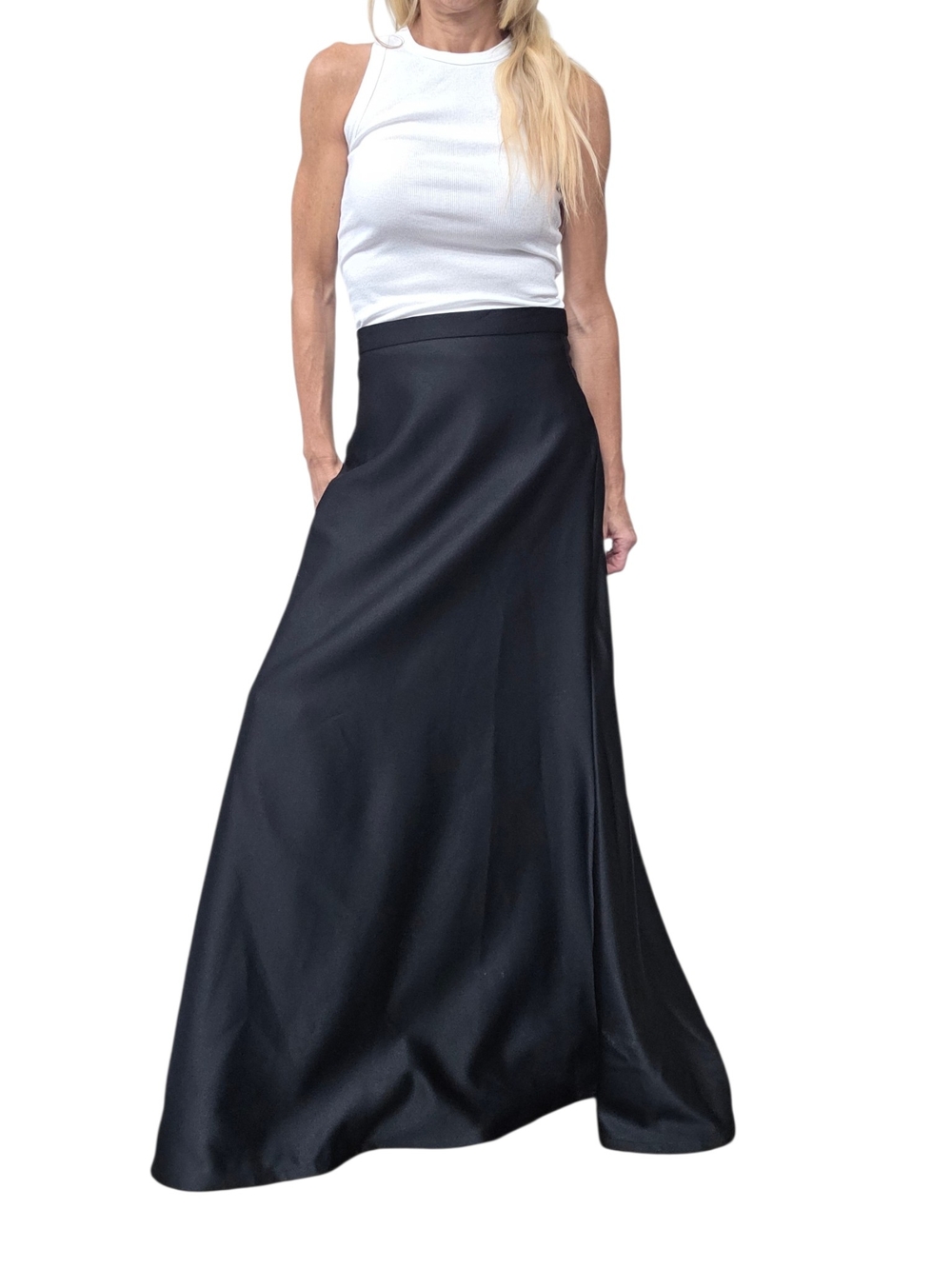 Vintage 90s Tadashi Black Satin Formal Maxi Skirt 6